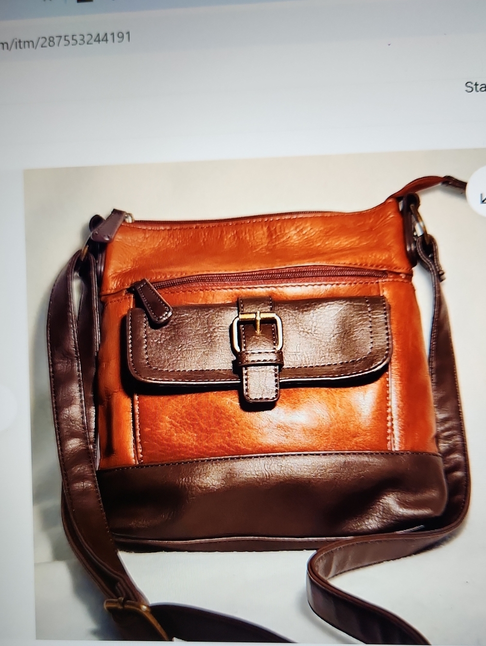 Stone & Co Leather Two-Tone Brown Crossbody Bag Zip Top Closure, Mag Buckle